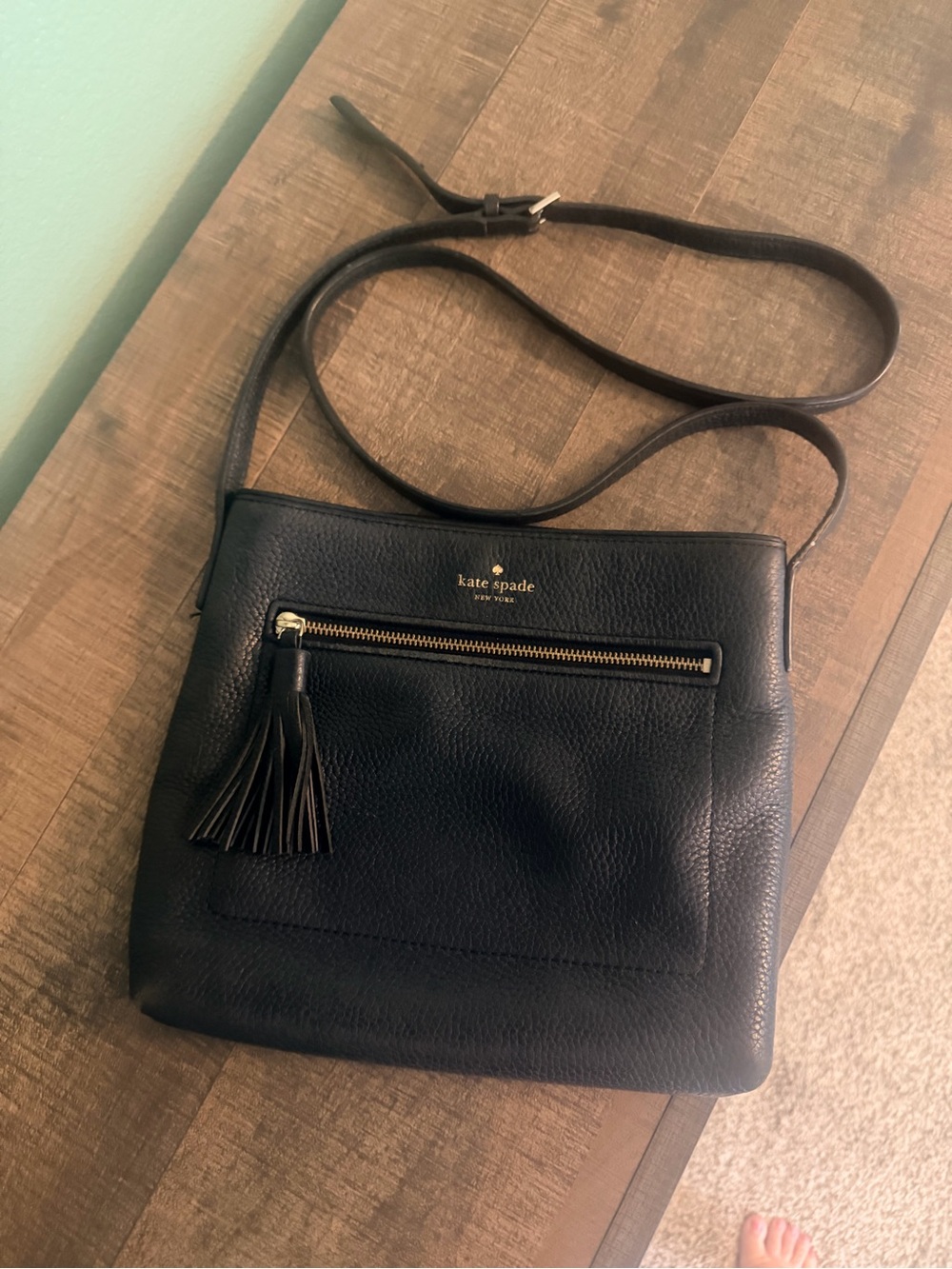 kate spade Black Pebbled Leather Crossbody with Tassel Zip